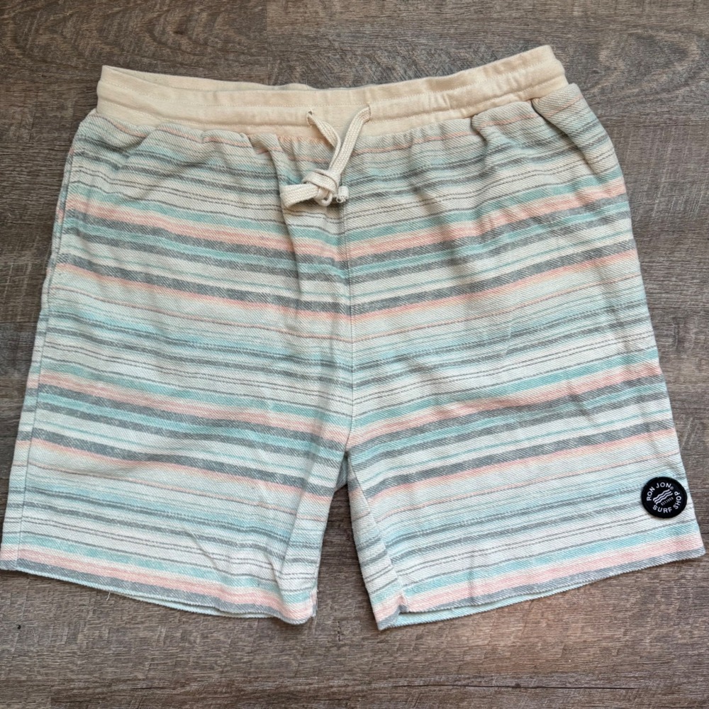 Ron Jon Surf Shop Striped Knit Shorts 2XL Relaxed Cream Multi Logo Patch